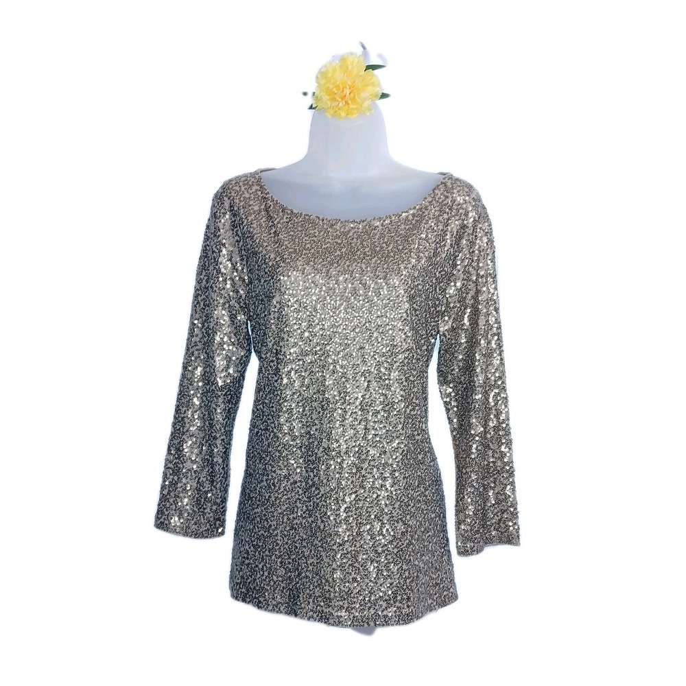 J Crew Sequins Top M Gold Women Party Cocktail Event Holiday Christmas Disco